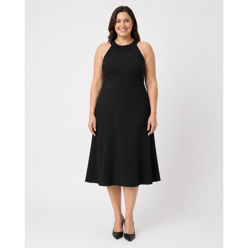 Jones New York Dress Women 12 Black Beaded Halter Y2K Formal Cocktail Midi